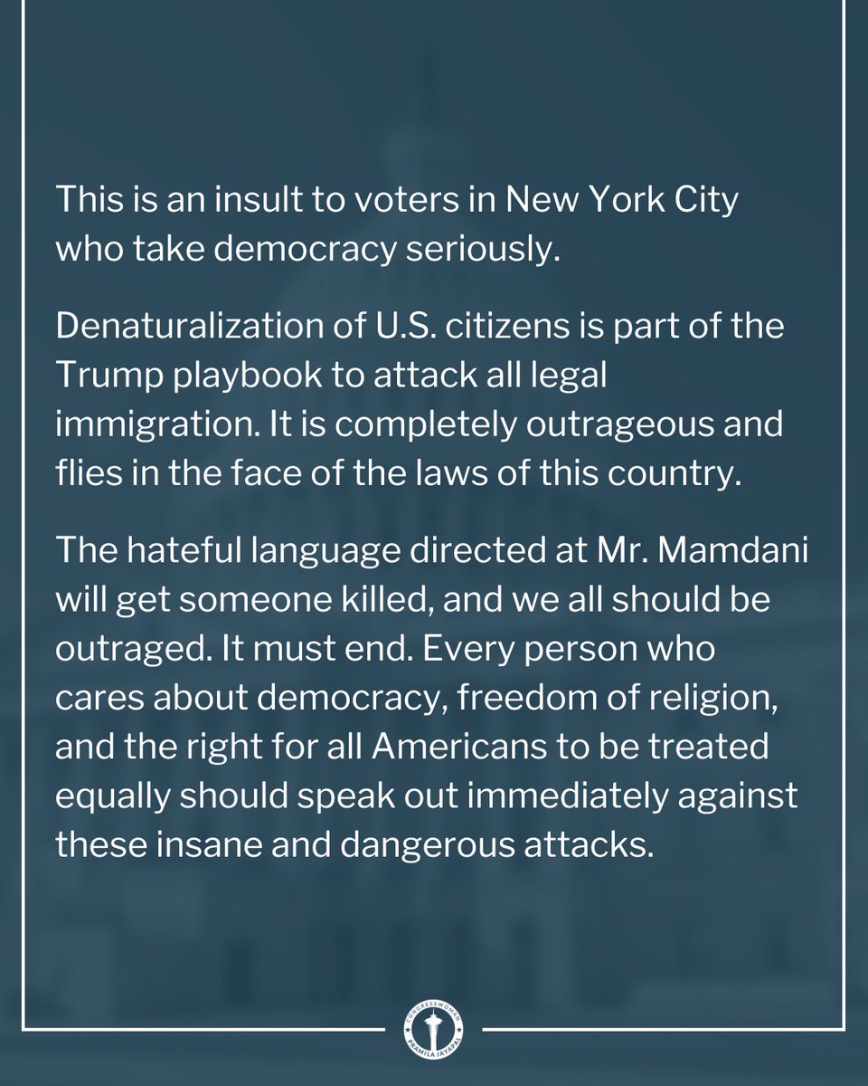 Rep. Pramila Jayapal (@repjayapal) on Twitter photo The racist attacks against <a href="/ZohranKMamdani/">Zohran Kwame Mamdani</a> since his primary victory are nothing short of disgraceful.
The Islamophobia from sitting members of Congress and administration officials is an insult to millions of Muslim Americans and will get someone killed.
My full statement: The racist attacks against <a href="/ZohranKMamdani/">Zohran Kwame Mamdani</a> since his primary victory are nothing short of disgraceful.
The Islamophobia from sitting members of Congress and administration officials is an insult to millions of Muslim Americans and will get someone killed.
My full statement: