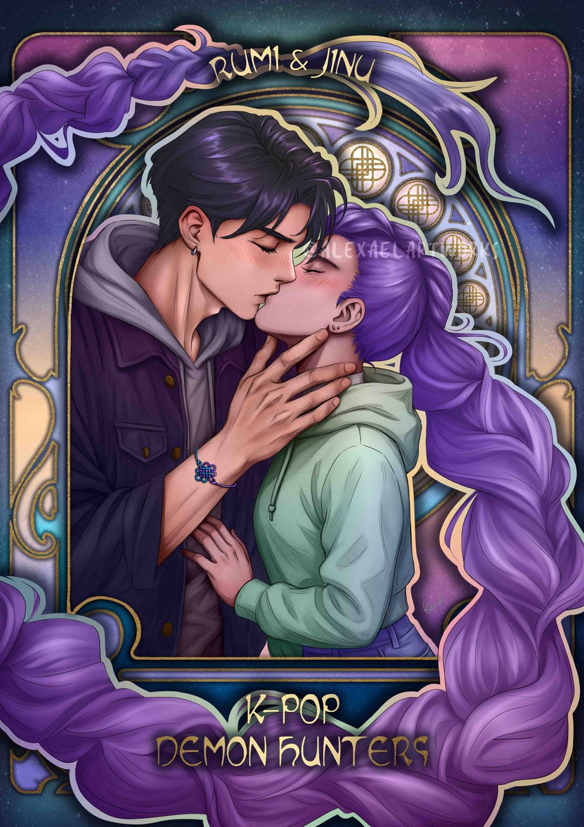 Rumi and Jinu from K-Pop Demon Hunters kissing 🫰🏻. This is totally canon in my mind! Illustration 1/2 for the shifting print is finally done. Starting the demon version tomorrow! 😈

#KPOPDEMONHUNTERS #kpopdemonhuntersfanart #sajaboys