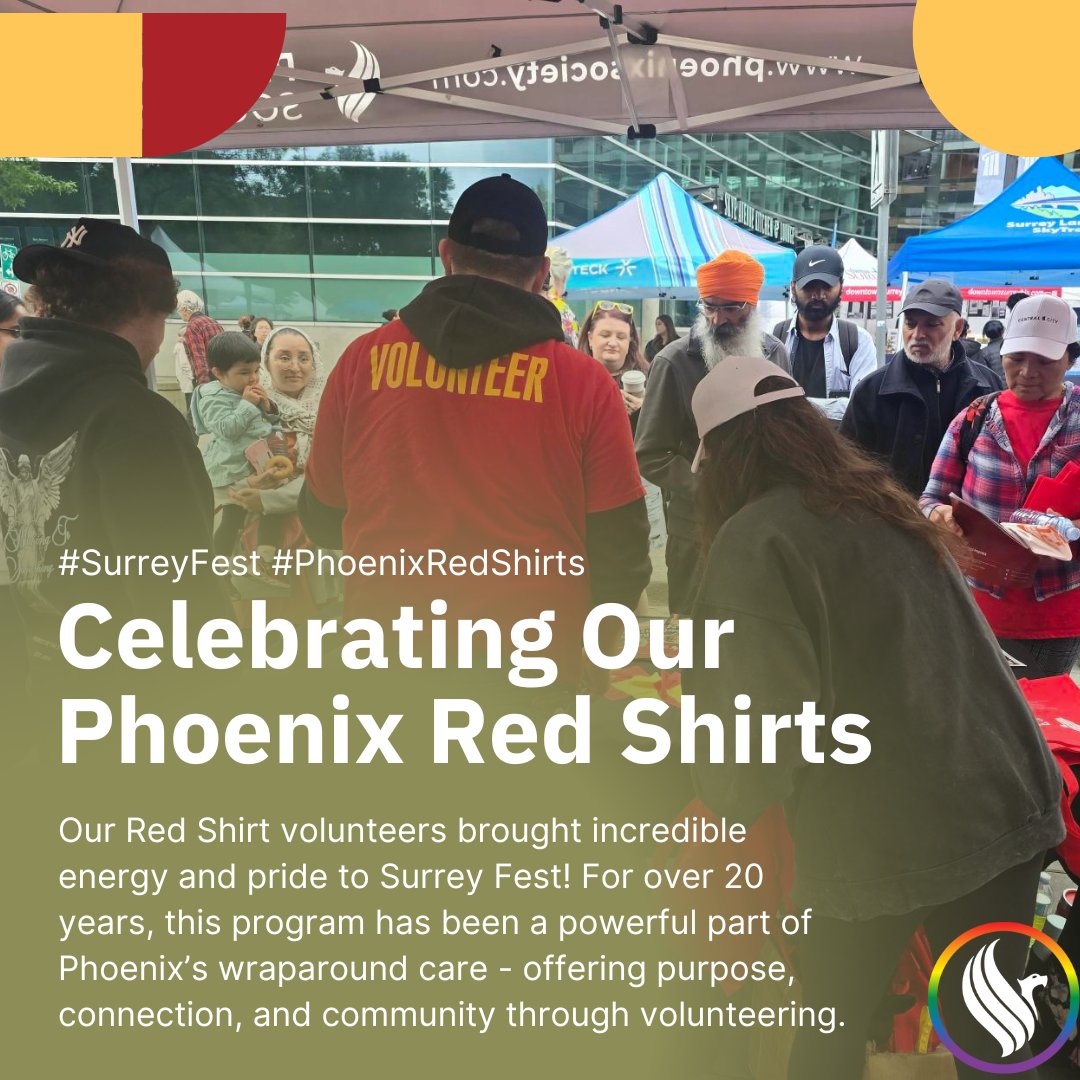 Huge thanks to all who joined us at Surrey Fest — especially our incredible Red Shirt volunteers! For 20+ years, they’ve brought purpose, pride &amp; lived experience to Phoenix Society’s work. Shoutout to @SurreyBIA for hosting such an inclusive event!

#PhoenixRedShirts #SurreyFest