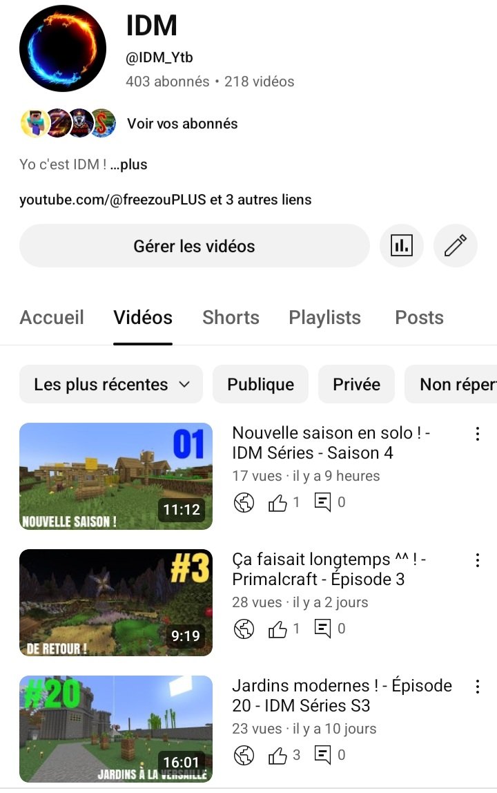 youtube.com/@idm_ytb?si=Gp…
 
Voilà... Ma chaîne a quelques difficultés en ce moment, tant en vues qu'en abonnés. Mes vidéos ne pas énormément de vues par rapport à d'habitude. 

Quelques-un pourrait m'aider svp ? 
Des conseils ?
Je sais pas si c'est la période, l'algo..
qui fait ça
