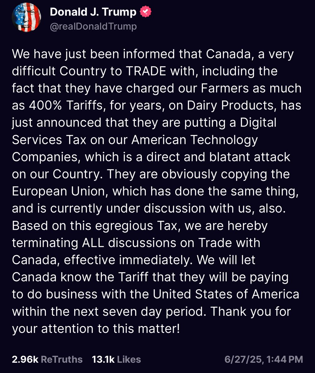 I guess we’re back to doing insane trade war threats against Canada again

(readers should note that Canada’s Digital Service Tax was passed before Trump was elected and that the US has much, much higher tariffs on Canada than vice-versa)