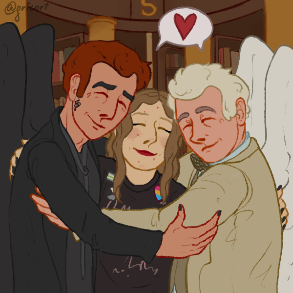 gricort's tweet photo. have you ever thought "a hug from aziracrow would fix me"? then it's your lucky day!  
I'm still terrified to interact with people, but the #goodomens fandom feels like home to me, so I wanted to give you smth nice and decided to make a lil picrew to all of you to enjoy! (1/3) https://t.co/Q6F2HVuly6