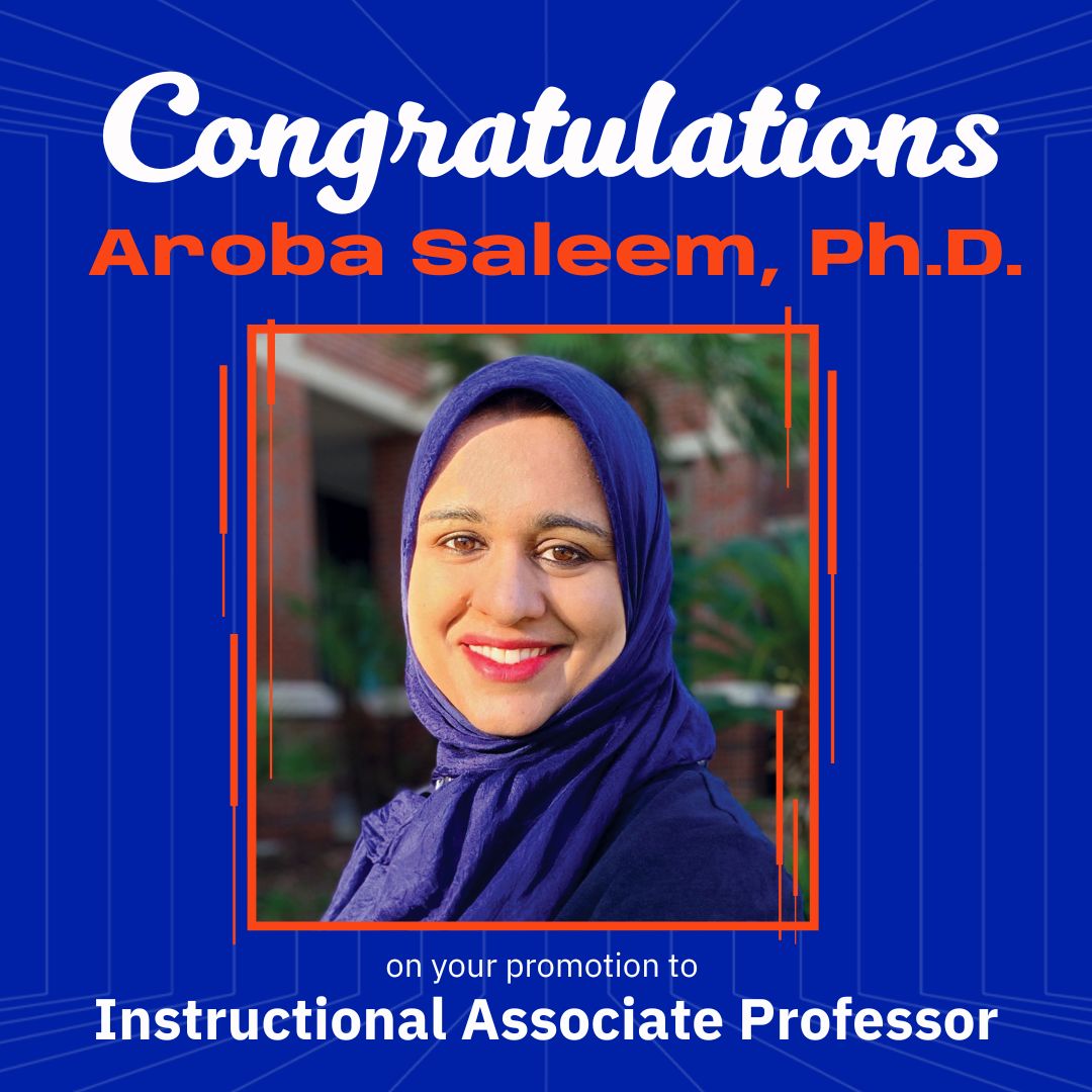 UFMSE's tweet image. 🎉 Congrats to Aroba Saleem, Ph.D., on her promotion to Instructional Associate Professor! 🎉@UFWertheim and @UFMSE recognize her dedication to excellence in education & student success. Thank you for shaping future engineers! #UFEngineering #FacultyExcellence #WomenInEngineering