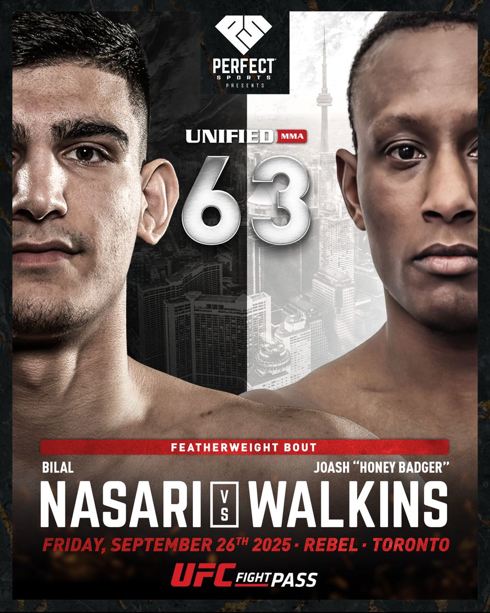 Unified MMA (@unifiedmma) on Twitter photo π¨ #Unified63 News π¨
π¨π¦π¦π« Bilal Nasari (5-0) vs. π¨π¦πΉπΉ <a href="/JoashWalkins/">Joash Walkins</a> (16-3) in an absolute BANGER in our loaded featherweight division on Sept. 26 in Toronto
<a href="/UFCFightPass/">UFC FIGHT PASS</a> x <a href="/rebel_toronto/">REBEL</a> π¨ #Unified63 News π¨
π¨π¦π¦π« Bilal Nasari (5-0) vs. π¨π¦πΉπΉ <a href="/JoashWalkins/">Joash Walkins</a> (16-3) in an absolute BANGER in our loaded featherweight division on Sept. 26 in Toronto
<a href="/UFCFightPass/">UFC FIGHT PASS</a> x <a href="/rebel_toronto/">REBEL</a>