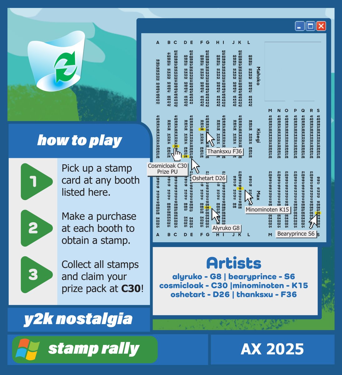 oshetart's tweet image. 💾Y2K Nostalgia Stamp Rally | AX 25📓

I am hosting a #Y2K rally!
Come relive the era of flip phones, AIM, and Cool S's with us!

💫 @alyruko 
💿 @bearyprince 
📓 @cosmicloak 
💿 @minominoten 
💫 @oshetart 
📓 @Thanksxu 

#AX2025ArtistAlley #AXArtistAlley2025