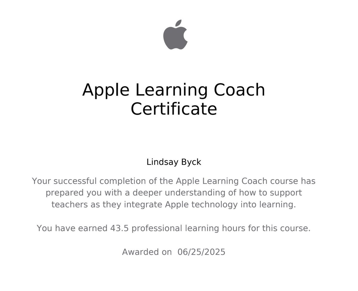Lindsay Toub Byck (@miss_toub) on Twitter photo 🍎🎉I’m officially an #AppleLearningCoach!📱✅ Grateful for the journey — I’ve grown in coaching, creativity & innovation, and I’m ready to help educators design impactful learning with Apple tools & devices!
<a href="/AppleEDU/">Apple Education</a> #EveryoneCanCreate #AppleTeacher #AppleEducationCommunity 🍎🎉I’m officially an #AppleLearningCoach!📱✅ Grateful for the journey — I’ve grown in coaching, creativity & innovation, and I’m ready to help educators design impactful learning with Apple tools & devices!
<a href="/AppleEDU/">Apple Education</a> #EveryoneCanCreate #AppleTeacher #AppleEducationCommunity