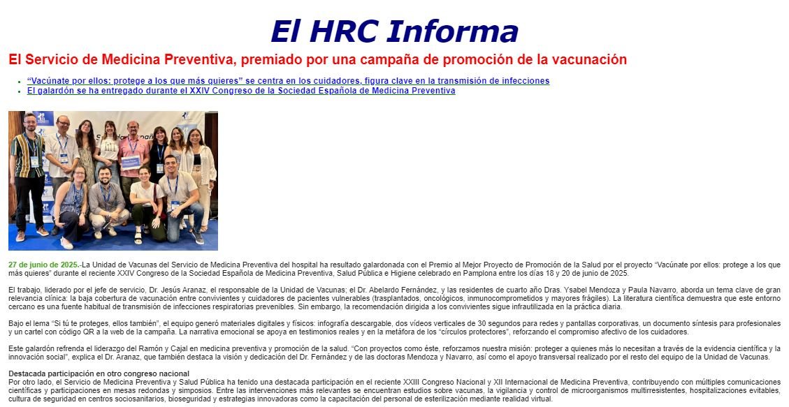 Enhorabuena a M. Preventiva del H. Ramón y Cajal. El equipo ha sido galardonado con el Premio al Mejor Trabajo en el Congreso de la Sociedad Española de M. Preventiva. Liderado por el Dr. Jesús Aranaz y el Dr. Abelardo Fernández, junto con las Dras. Ysabel Mendoza y Paula Navarro