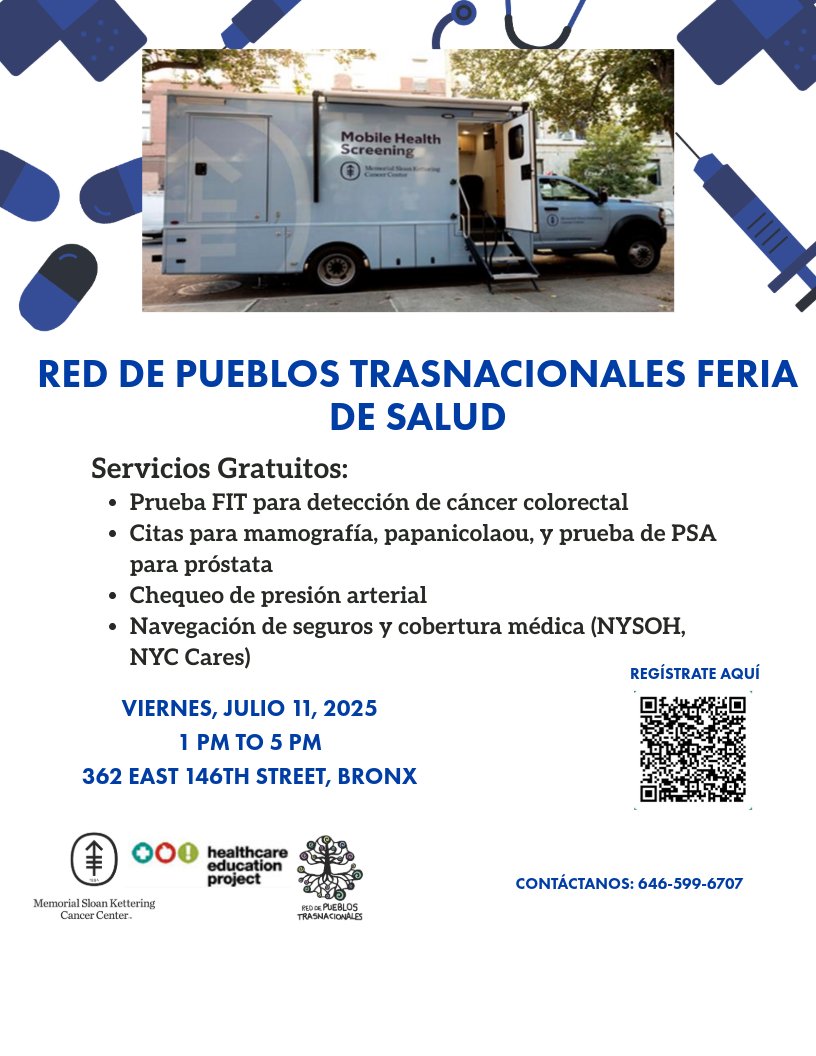 RED DE PUEBLOS TRASNACIONALES FERIA DE SALUD 

¡Servicios Gratuitos!

VIERNES, JULIO 11, 2025 1 PM TO 5 PM 362 EAST 146TH STREET, BRONX   

CONTÁCTANOS: 646-599-6707 📲