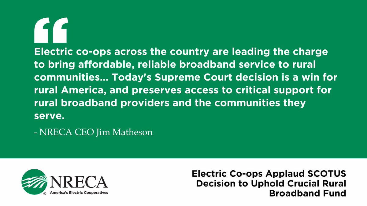 NRECA (@nrecanews) on Twitter photo Today, the Supreme Court ruled in favor of electric cooperatives, preserving the Universal Service Fund which ensures reliable broadband access in rural communities.
Read <a href="/NRECAJim/">Jim Matheson</a>'s full statement: bit.ly/4kanDBV Today, the Supreme Court ruled in favor of electric cooperatives, preserving the Universal Service Fund which ensures reliable broadband access in rural communities.
Read <a href="/NRECAJim/">Jim Matheson</a>'s full statement: bit.ly/4kanDBV