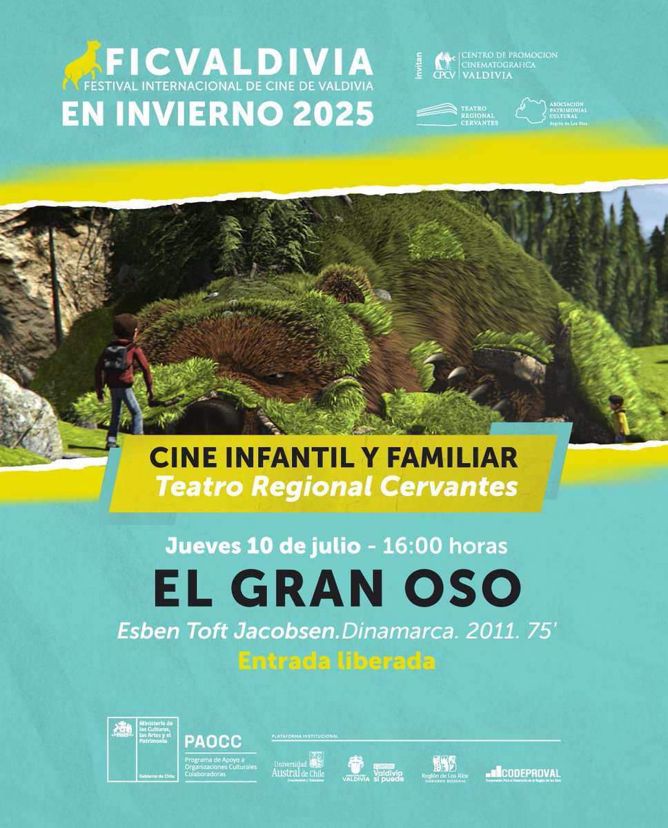 Este jueves 10/7, FICValdivia en Invierno presenta cine para toda la familia en el Teatro Regional Cervantes.

⏰16:00 “El Gran Oso”
⏰ 19:00 “La Pasión de Cristo” (1914, 35mm) con música en vivo de Trinidad Riveros

Entrada liberada.