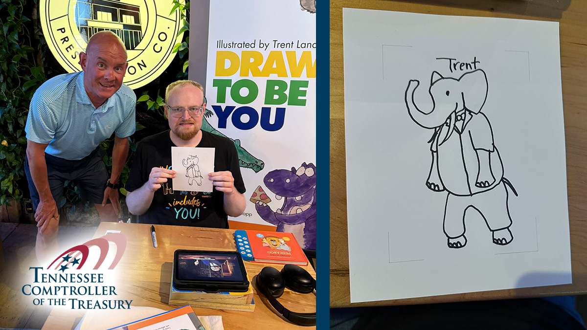 TNCOT's tweet image. Comptroller @JasonMumpower had the honor of having a custom drawing done by @DrawingsByTrent! This elephant wearing a tuxedo will soon by hanging in his Capitol Office! Thank you Trent! #autisticartist #2025tour