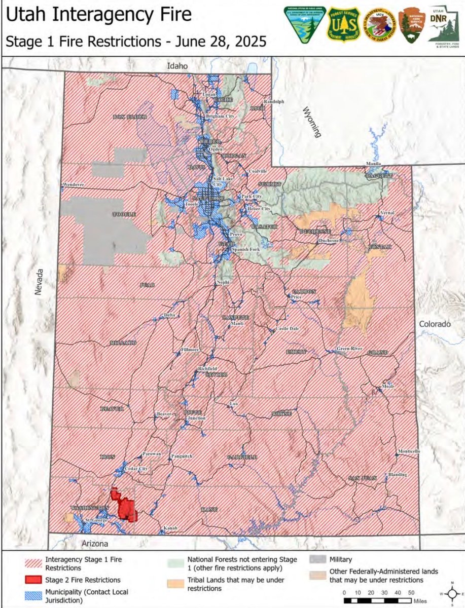 🔥Stage 1 Fire Restrictions start 6.28.25 across all Utah state &amp; unincorporated private lands + most BLM, NPS &amp; FS lands🚫No fireworks, campfires outside approved sites, tracer ammo or gear w/o spark arrestors. Check restrictions:🔗utahfireinfo.gov|https://t.co/UKOjUkpceV