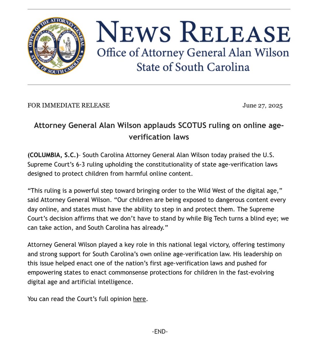 SCAttyGenOffice's tweet image. Attorney General Alan Wilson applauds SCOTUS ruling on online age-verification laws