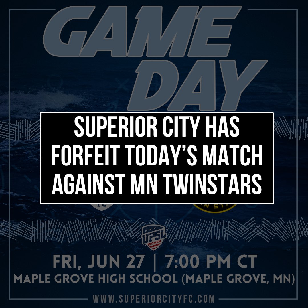 Superior City F.C. has forfeit today’s match against MN TwinStars.

Superior City sends its utmost apologies to MN TwinStars, with hope to share the pitch with them soon.

Saturday’s home match against Tonka Fusion Elite will proceed as planned.

#UpTheBeacons #BuiltSuperior