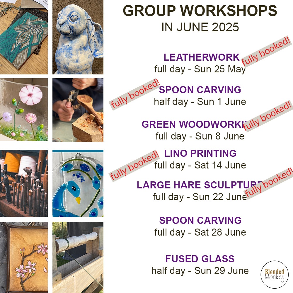 blended_monkey's tweet image. Check out the guest tutor workshops we're holding throughout July - full list of this year's experiences on our website l8r.it/F1TP

🎁We can email/post you a personalised gift certificate
⁠
#spooncarving #basketweaving #papermarbling #sewing #gelplate #photography
