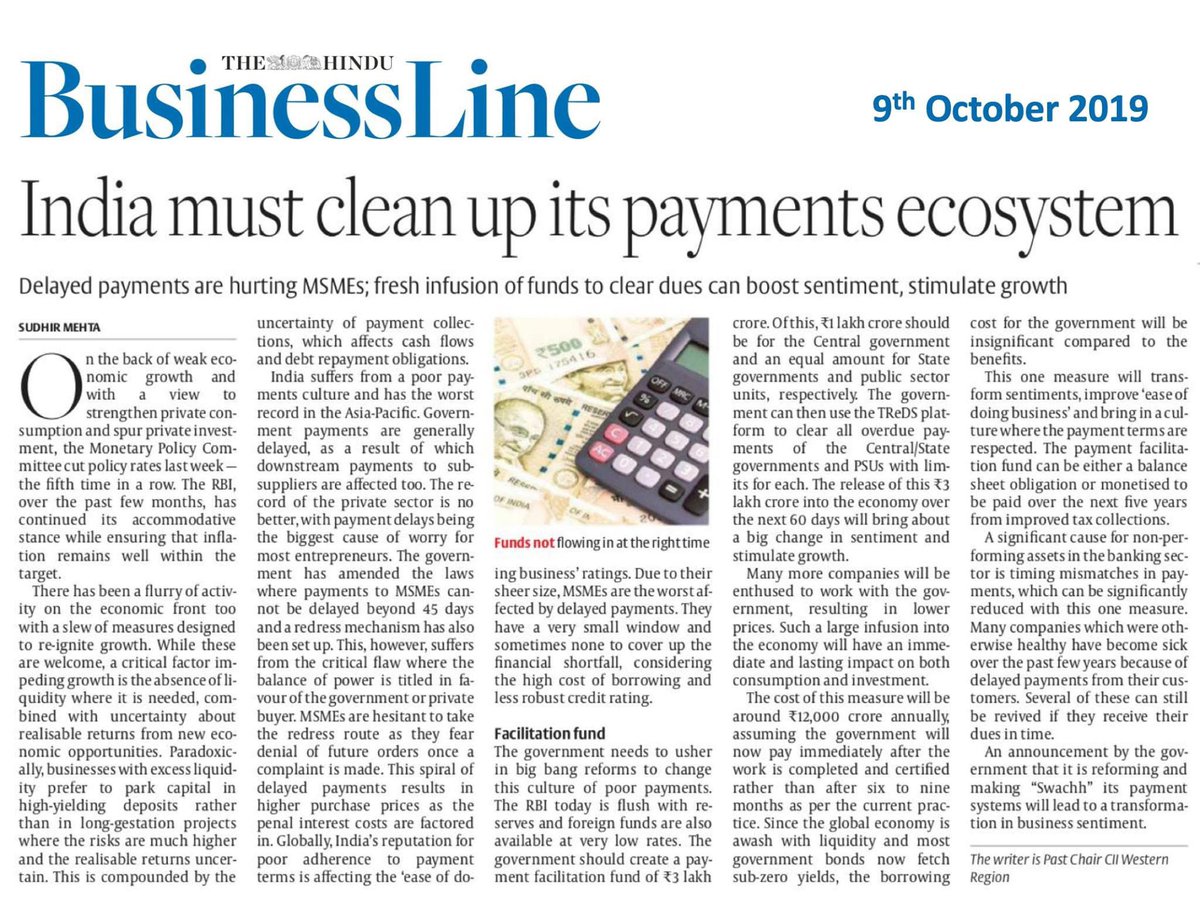Much needed step to push for #credit growth and MSME lending.  Hope this is also backed up with action to clean up our chronic system of delayed payments, especially by the Govt ….