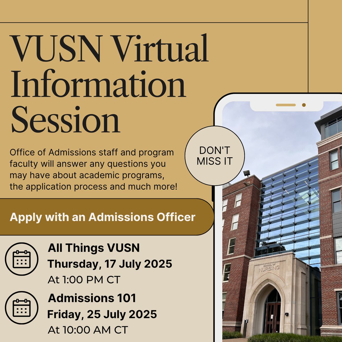 Thinking about nursing school? Join a Vanderbilt University School of Nursing virtual or program information session to learn about programs, admissions, and career opportunities!

Check out upcoming sessions &amp; register: ow.ly/Fhph50WhI78
#NursingSchool #VUSN