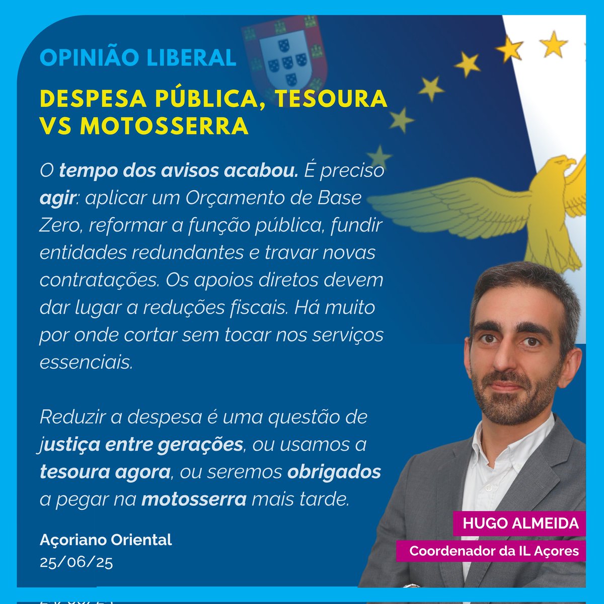 AcoresLiberal's tweet photo. É hora de agir.

Há muito por onde cortar sem tocar nos serviços essenciais.
Reduzir a despesa é justiça entre gerações.
Ou usamos a tesoura agora…
Ou vamos precisar da motosserra mais tarde. https://t.co/5VRKRWalVV