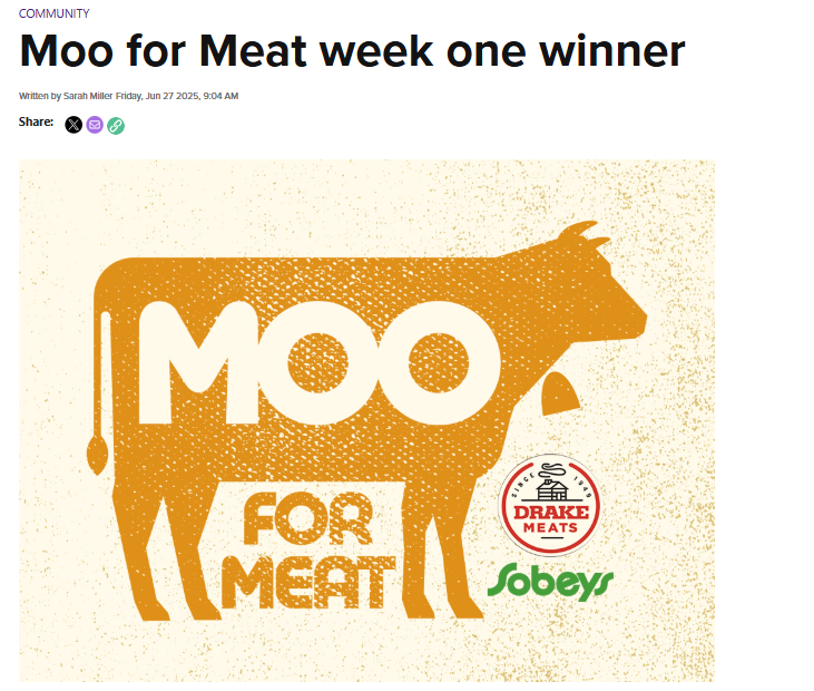 Congrats to our first winner for Moo for Meat!  
Make sure you listen for the moo and text the keyword MEAT to the Humboldt Sobeys Talk and Text Line to get entered in to win!