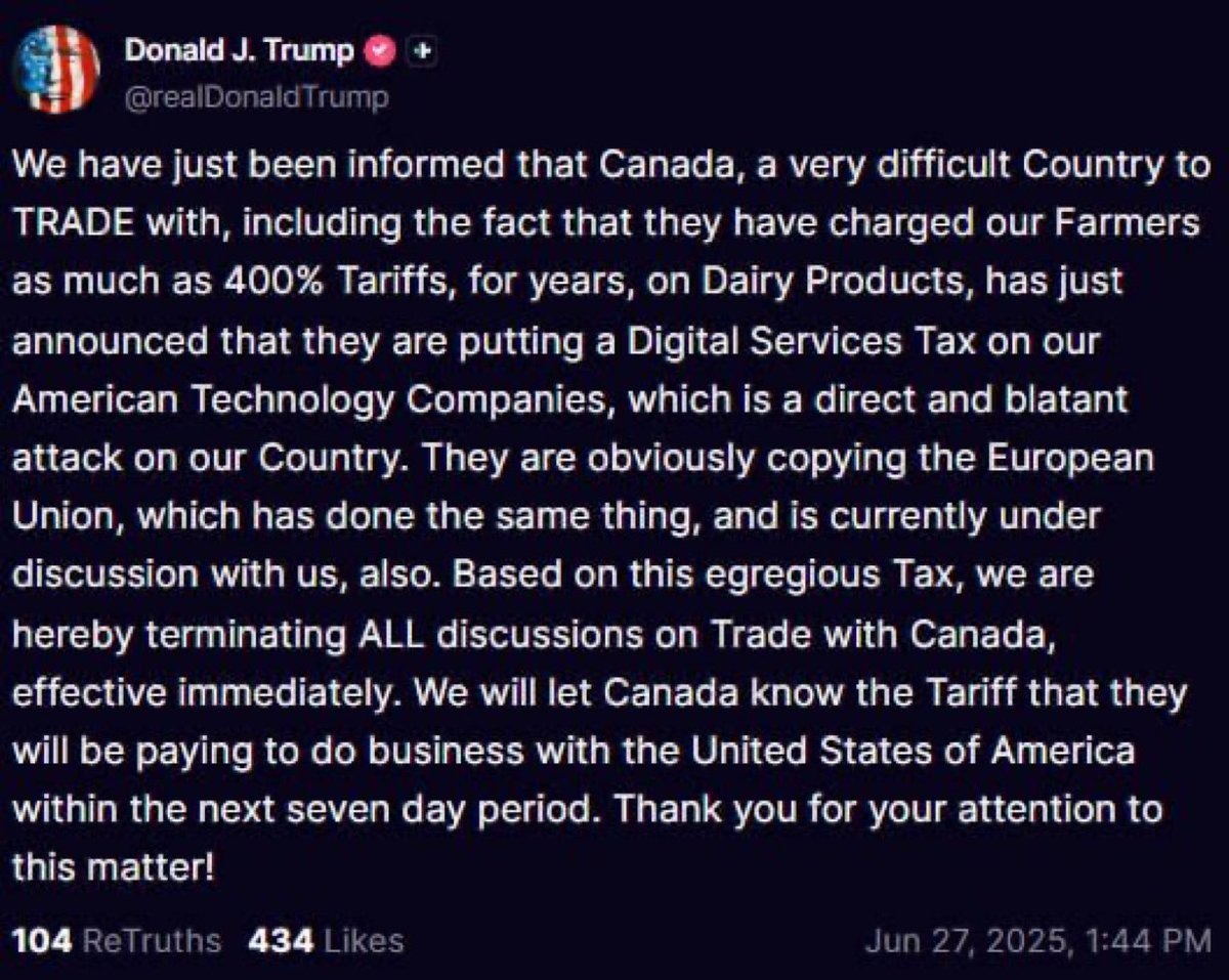 Markhor3133's tweet image. 🇺🇸🇨🇦Shocking move by Canada—imposing up to 400% tariffs on US dairy and a new Digital Services Tax targeting American tech giants! @realDonaldTrump has rightly halted all trade talks and promised tariffs in response. Time for Canada to rethink! #USCanadaTrade #TariffWars