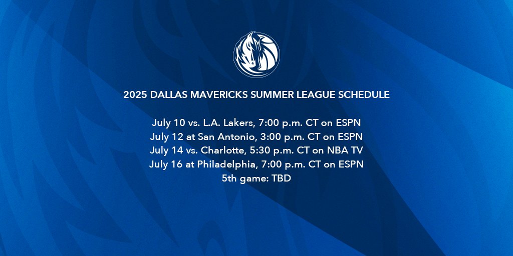 MavsPR's tweet image. The Mavericks announced their 2025 @NBASummerLeague schedule today, which tips off against the Los Angeles Lakers on July 10 at 7 p.m. CT on ESPN.