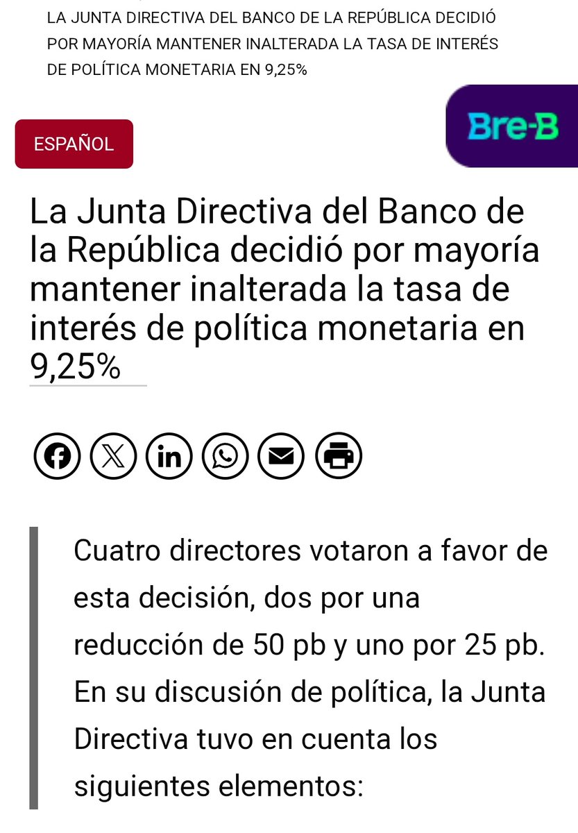 josejournaliste's tweet photo. En reunión junio #JDBR @BancoRepublica decidió mantener inalterada la tasa básica de intervención en 9,25%. Principales factores: inflación, aumento déficit fiscal previsto para 2025, leve crecimiento económico y condiciones financieras globales adversas, tenciones geopolíticas https://t.co/O88SQ4ZKdo