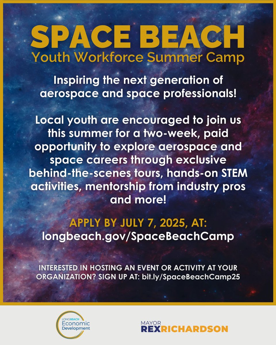 We are now accepting applications for the second cohort of our Space Beach Camp program for youth! 🚀 🔭

The deadline to apply is Monday, July 7, 2025. 📅

For additional information and to apply, visit our website at longbeach.gov/spacebeachcamp.
