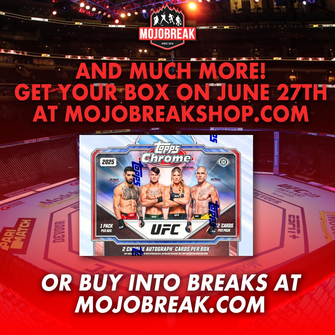 We're kickin' into the weekend with the brand new 2025 Topps UFC Chrome!

This product is HOT so you don't want to miss it!

Jon jones is back! Who's going to be the first to pull a SUPA?!!

Let us know who you are collecting from this clean set below!
Mojobreakshop.com