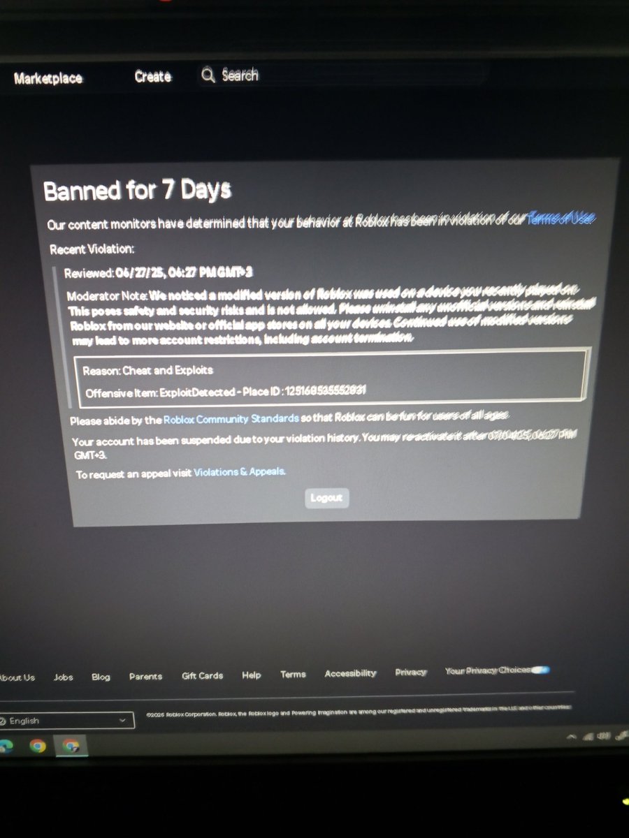 missy (follows back) (@missyrtc) on Twitter photo Atp, roblox moderation is just horrible. I was ironically banned for using a modified client. First of all, I have no exploits in my pc, second of all, I uninstalled bloxstrap.
Now wtf is this?? 7 day ban? Roblox be serious. <a href="/SharkBloxYT/">SharkBlox🦈</a> <a href="/KreekCraft/">KreekCraft</a> Atp, roblox moderation is just horrible. I was ironically banned for using a modified client. First of all, I have no exploits in my pc, second of all, I uninstalled bloxstrap.
Now wtf is this?? 7 day ban? Roblox be serious. <a href="/SharkBloxYT/">SharkBlox🦈</a> <a href="/KreekCraft/">KreekCraft</a>