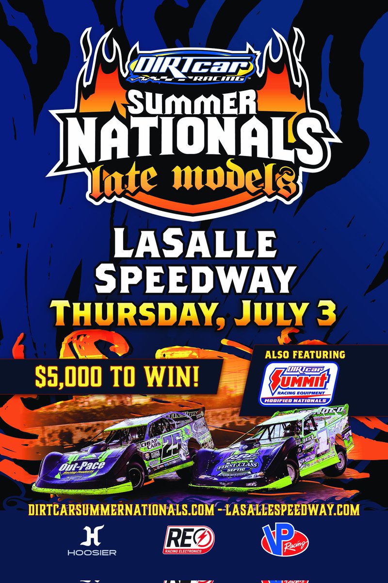 The <a href="/SummerNationals/">DIRTcar Summer Nationals</a> #HellTour 🔥 heads to <a href="/LaSalleSpeedway/">LaSalle Speedway</a> on Thursday, July 3rd featuring the BEST Late Model drivers in the country alongside <a href="/SummitRacing/">summitracing</a> Equipment Modifieds. Get your tickets NOW 👇

myracepass.com/tracks/1995/ti…