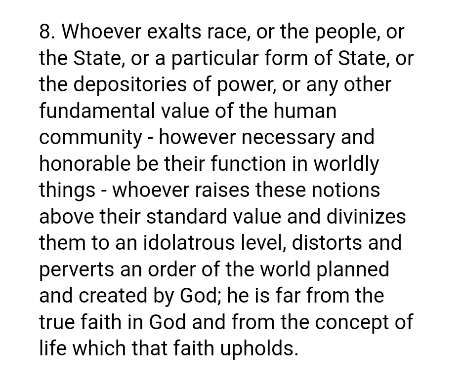Triumphant81196's tweet photo. @ShaneSchaetzel @James6895666412 Race, people, and state are called a "fundamental value of the human community" and "necessary and honorable in worldly functions" but that they should not become idols.

Start reading your sources before you share them. https://t.co/YAFv8n4nyC