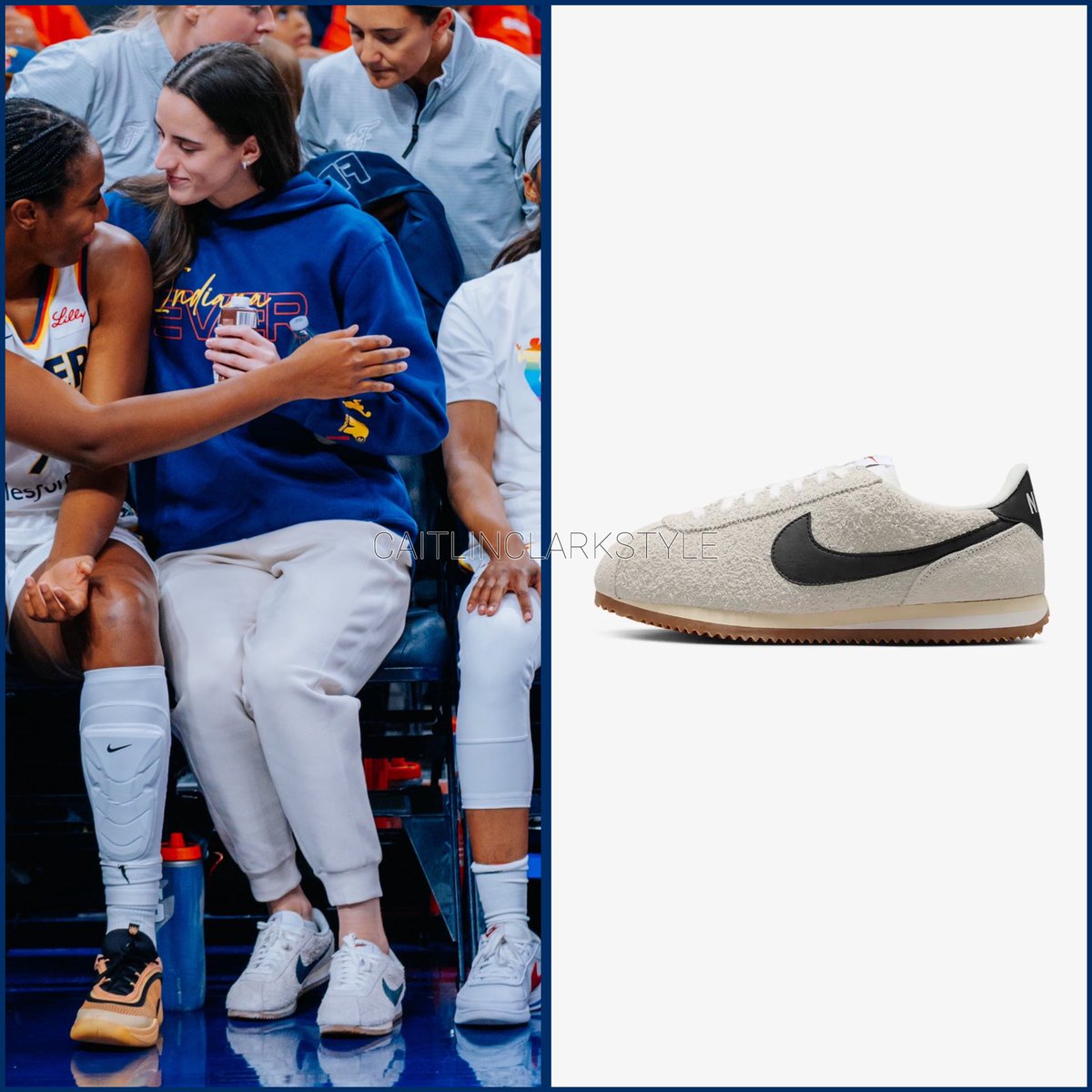 caitlinclarksty's tweet image. June 26, 2025: @CaitlinClark22 at Fever vs Sparks | Indianapolis, Indiana | wearing @Nike Cortez Vintage Suede. Shop: resale starts at $91 go.shopmy.us/p-19566218 #KCPartner

Caitlin has had the Nike Cortez on repeat lately. A little fuzzy texture, a little retro bowling shoe