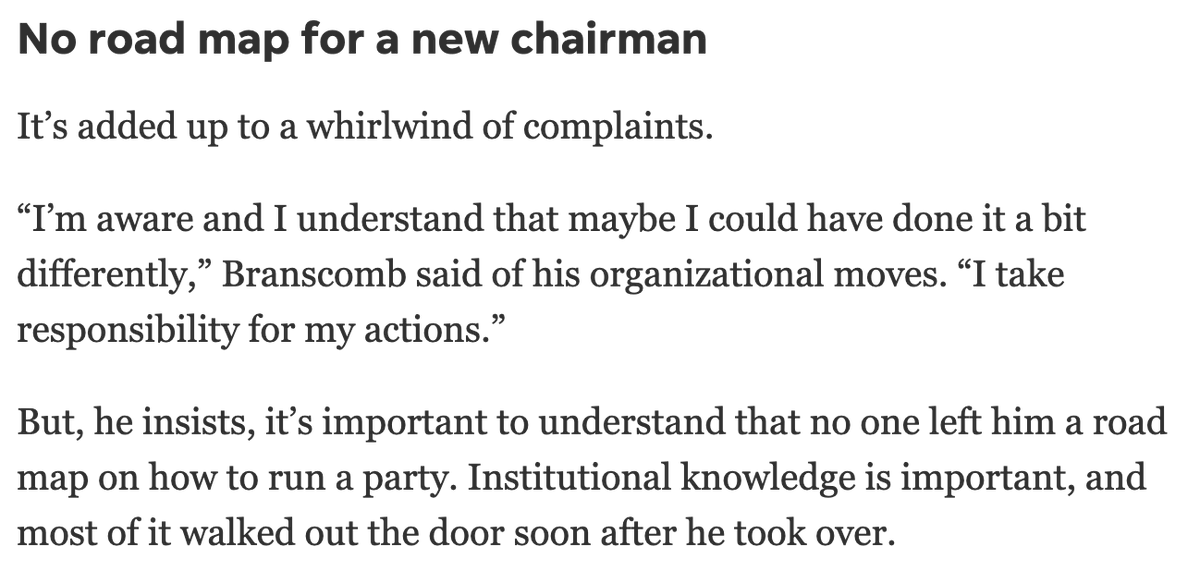jonbsutt's tweet photo. In an article by @maryjpitzl, Branscomb said he didn't get any help from the "old guard"

I met with him TWO DAYS after he was elected.

I offered help FREE OF CHARGE.  For the good of the Party.  Because I care.  Because I spent time building it.

He ignored me. https://t.co/thjaTPx0o5