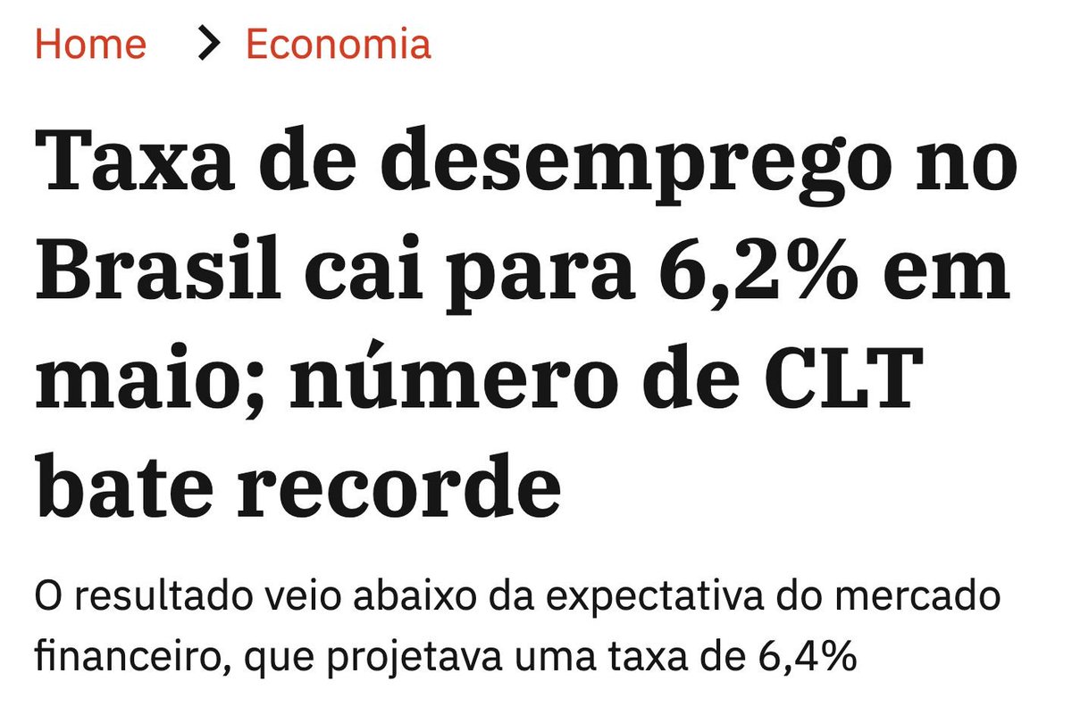 Terminando a semana com ótimas notícias! O desemprego caiu pra 6,2% no trimestre encerrado em maio. Essa é a menor taxa para o período da série histórica.

E tem mais! Recorde no emprego com carteira assinada, com 39,8 milhões de pessoas com carteira no setor privado, e a