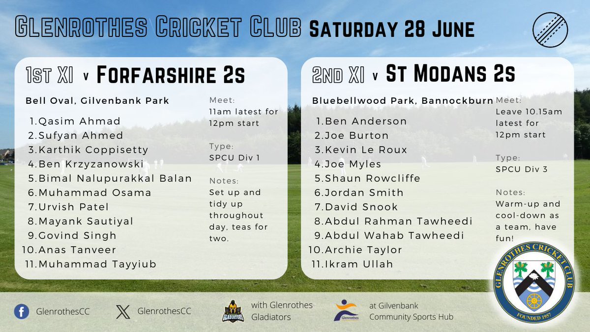 👀 UPCOMING FIXTURES, Saturday 28 June 

1️⃣ v Forfarshire 2s, SPCU Division 1 (H)
2️⃣ v St Modans 2s, SPCU Division 3 (A)

It's looking like the rain will clear for a hopefully fun day of cricket for all on Saturday!!
 
⭐️ FUN | ENJOYMENT | RESPECT