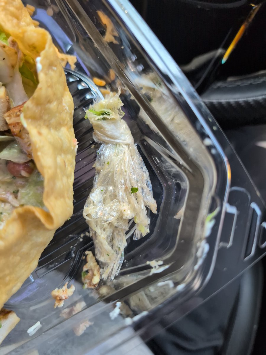 SimonianSteve's tweet photo. C'mon now @ElPolloLoco. I was chewing  then choked on basically what I thought was a fatty piece of chicken. Turns out it was a corner of a knotted plastic bag... Downey https://t.co/OjNpgMZCh2