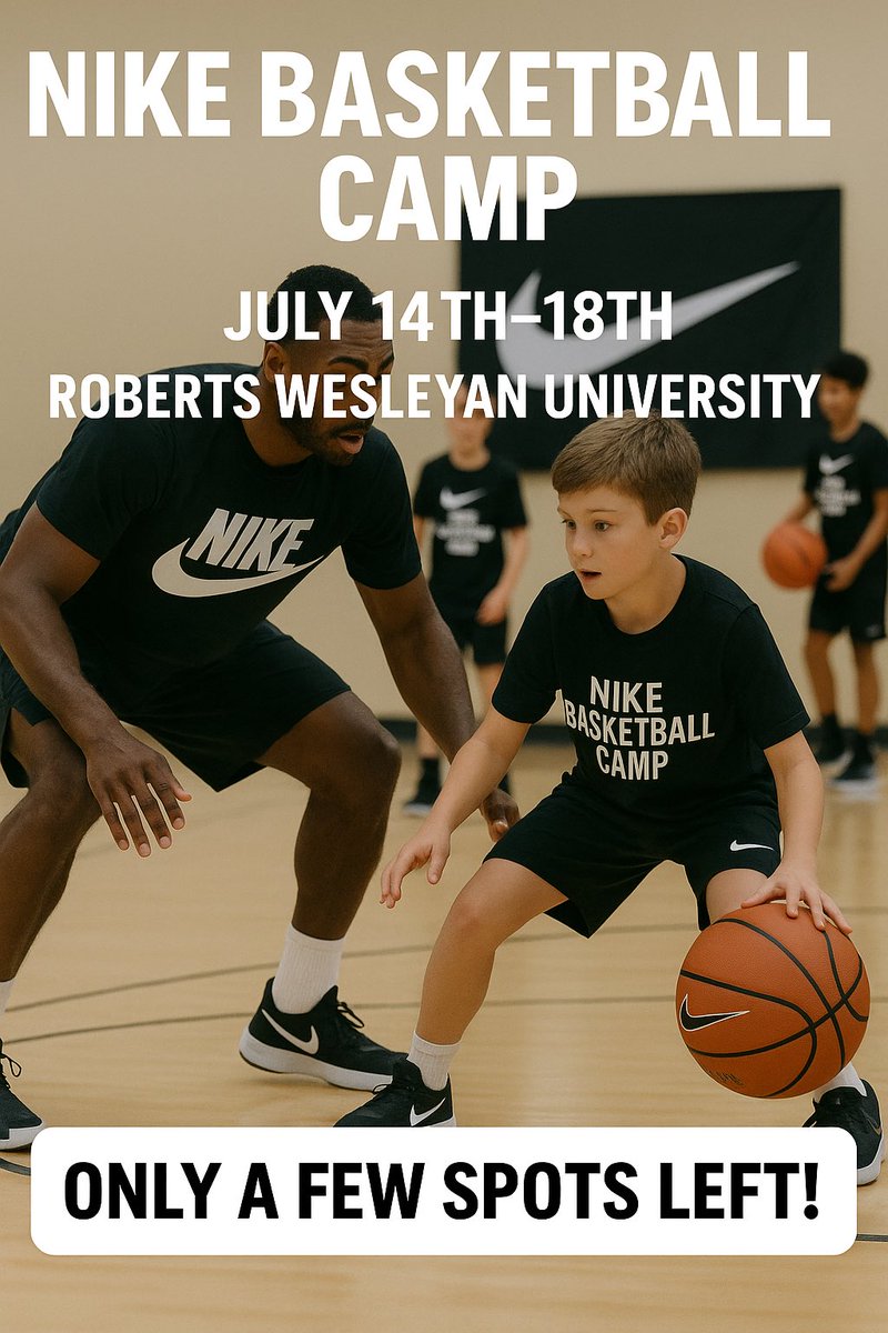 There are only a few spots left to sign up for our Nike Basketball Camp!!

ussportscamps.com/basketball/nik…

Use discount code: RWUMB25 - Use it at checkout to save $30 on registration.
Boys ages 8-18
July 14th-18th
9am-4pm
Roberts Wesleyan University