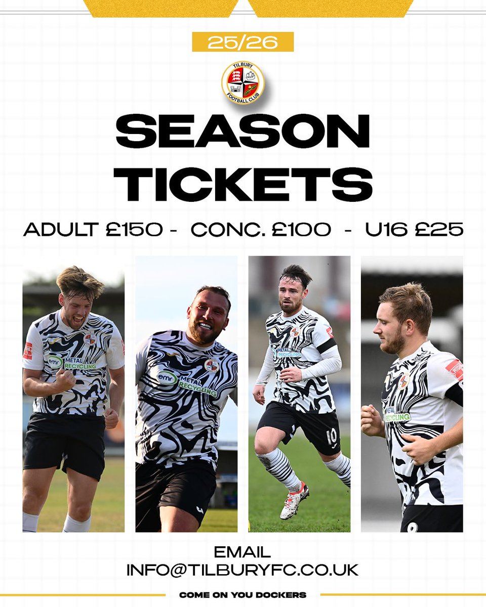 tilburyfc's tweet image. 🧊 Season Ticket Price Freeze!

🎟️ Prices have been frozen for our 2025/26 season tickets and they are ON SALE NOW!

📧 Order yours by emailing info@tilburyfc.co.uk 

#COYD | #DockersAsOne