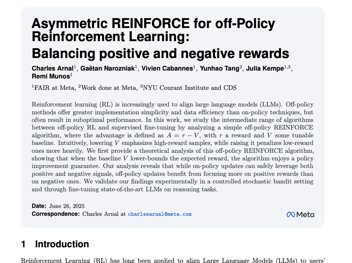 ❓How to balance negative and positive rewards in off-policy RL❓

In Asymmetric REINFORCE for off-Policy RL, we show that giving less weight to negative rewards is enough to stabilize off-policy RL training for LLMs! 💪 (1/8)

Paper: arxiv.org/abs/2506.20520