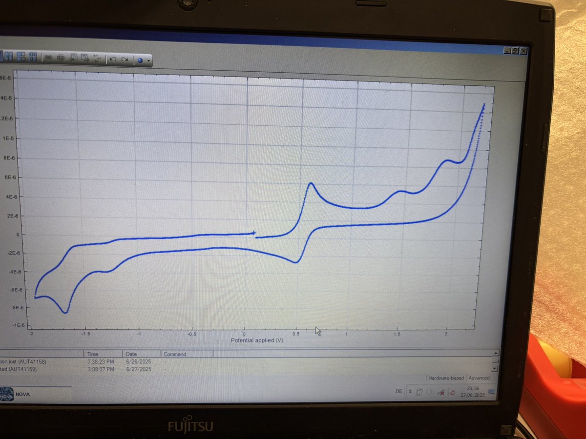 cromeronieto's tweet image. I think I have to cry🥲🥲, such emotions!! I have waited 7 years to be able to see this voltammogram! Finally, the team was able to finalize the synthesis of a new and very elusive compound! It is so exciting! Kudos to @ChemAdrian91 and Philip! #ILoveScience😍 fantastic job!