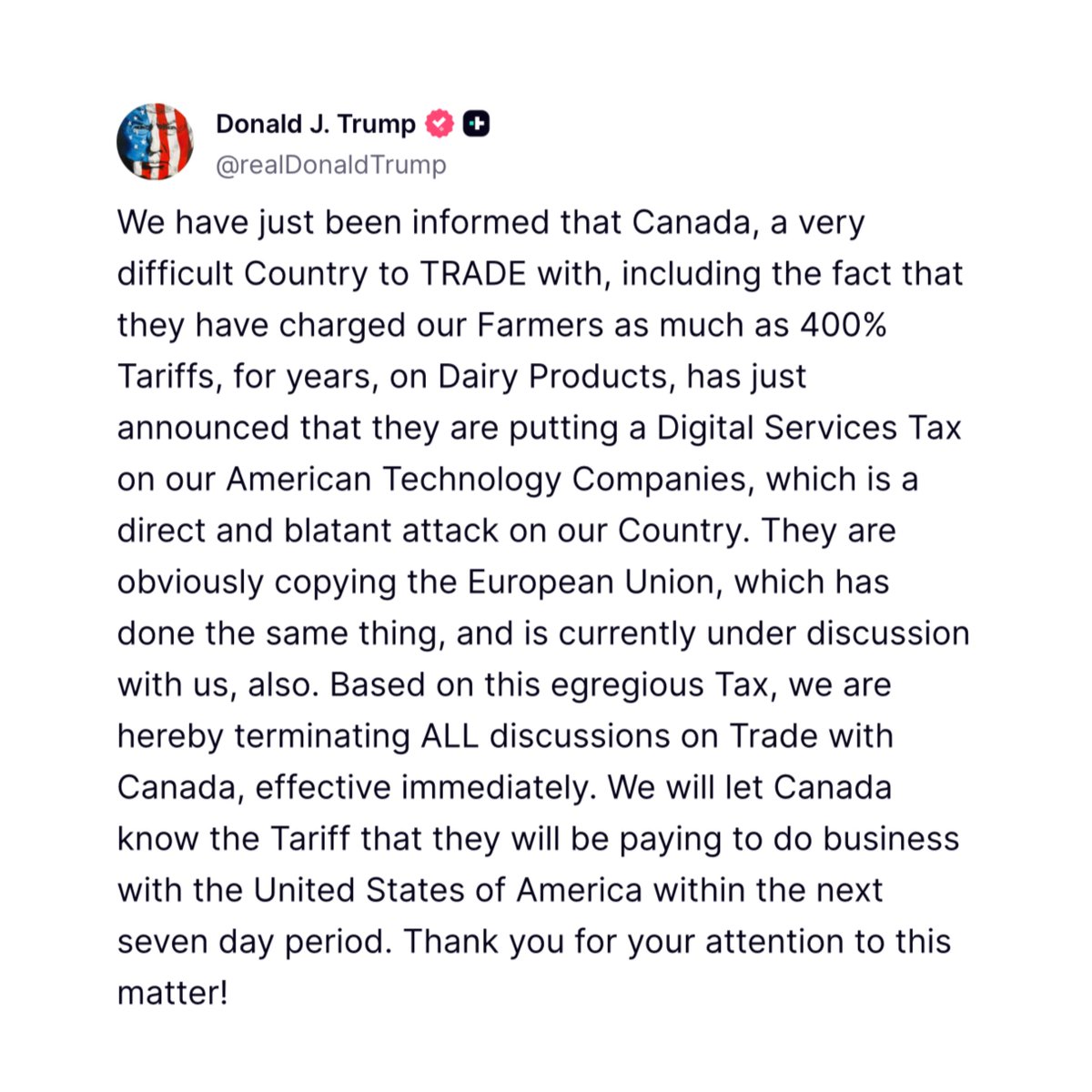 6ixbuzztv's tweet photo. #BREAKING: Trump says the U.S. is ending “ALL discussions on Trade with Canada, effective immediately” https://t.co/uXZnY2uFVq