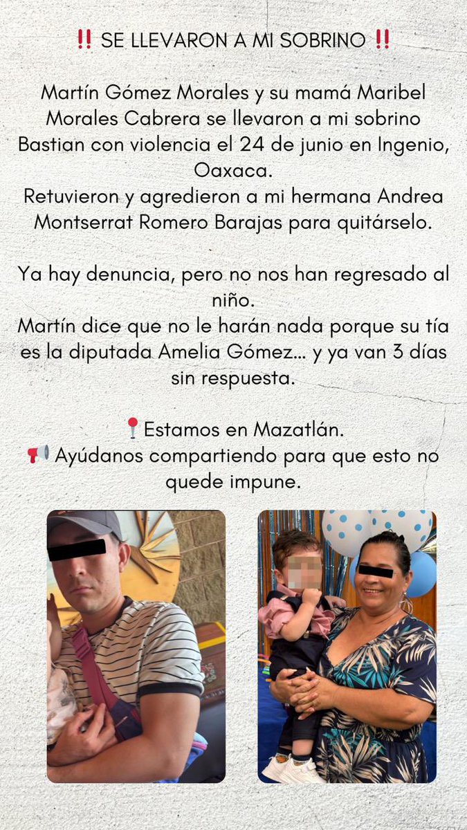 pattyvazquez96's tweet photo. ‼️ REGRESEN CON SU MAMÁ A BASTIAN, DE 1 AÑO DE EDAD ‼️

Somos de Mazatlán. Les pido que compartan para que esto no quede impune.
Un RT puede marcar la diferencia.

#JusticiaParaBastian #FiscalíaOaxaca #AlertaBastian https://t.co/rV11phgl7D