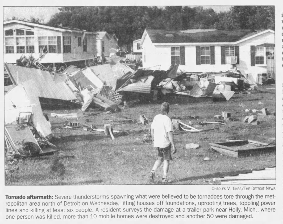 July 2, 1997: An outbreak of 24 tornadoes impacted the Midwest.(F2+) Six  were significant, a pair of which were intense F3s near Clio, Michigan, and  Felicity, OH. A nearly 1.5-mile-wide F2 struck