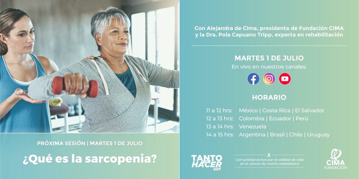 📣 ¿Has escuchado hablar de la sarcopenia?
Es la pérdida de masa muscular que puede afectar tu movilidad, energía y calidad de vida, especialmente en personas con cáncer de mama metastásico.
🧠 Infórmate y resuelve tus dudas en nuestro próximo Live  el martes 1 de julio, junto a