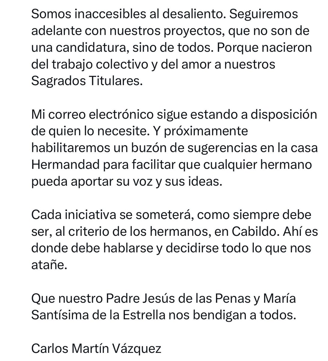 elllamadorcsr (@elllamadorcsr) on Twitter photo El hermano mayor electo de la <a href="/hdadlaestrella/">La Estrella</a> Carlos Martín reconoce errores en la gestión y en la campaña y anuncia “puertas abiertas” para quienes “no han confiado en su candidatura” El hermano mayor electo de la <a href="/hdadlaestrella/">La Estrella</a> Carlos Martín reconoce errores en la gestión y en la campaña y anuncia “puertas abiertas” para quienes “no han confiado en su candidatura”