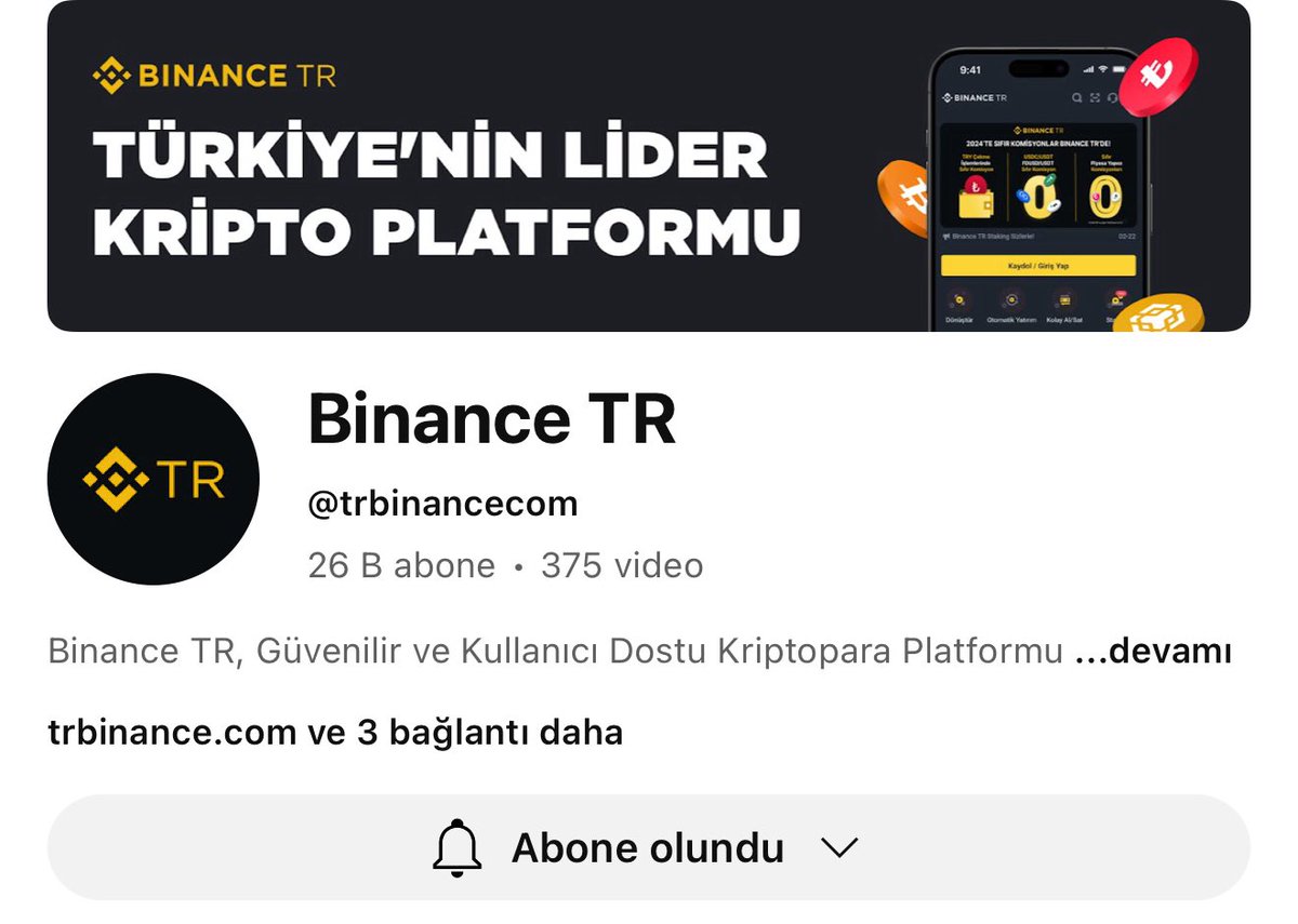Selam Dostlarım 🫡

Kripto sadece grafiklerden ibaret değil ✨

Yatırım yaparken doğru kararlar alabilmek için strateji, psikoloji ve bilgi şart. Binance TR YouTube kanalı, işte tam bu noktada devreye giriyor.

BinanceTR hesabı olmayanlar için;
binance-tr.onelink.me/a2LU/cc?pid=co…

Ne sunuyor