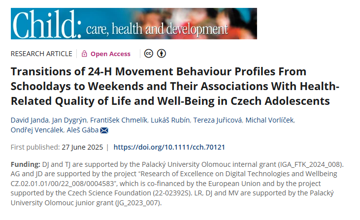 Fakulta tělesné kultury UP (@ftk_up) on Twitter photo 🎉 Congrats to <a href="/IamDavidJanda/">David Janda</a> and the team on their new paper!
📊 Just 5.8% of adolescents kept an Excellent 24-h movement profile on weekends vs. 29.7% on schooldays.
💤🏃 Let’s support full-week movement strategies for better youth health! 🎉 Congrats to <a href="/IamDavidJanda/">David Janda</a> and the team on their new paper!
📊 Just 5.8% of adolescents kept an Excellent 24-h movement profile on weekends vs. 29.7% on schooldays.
💤🏃 Let’s support full-week movement strategies for better youth health!