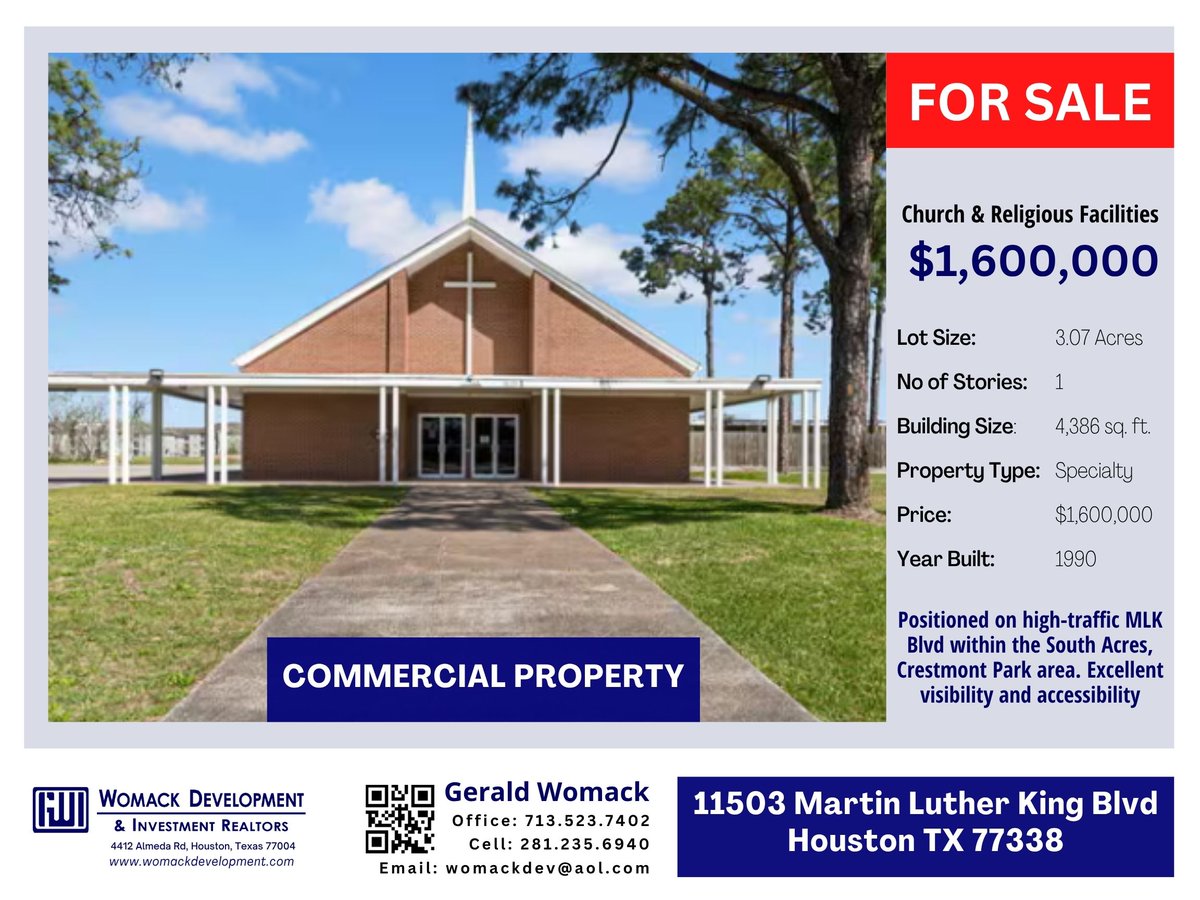 womackdev's tweet photo. 🙏🏽 Church Property For Sale: A Rare Opportunity! 🏛️

📍 Location: 11503 MLK Blvd. Houston TX 77048
https://t.co/o7WqBMUMgY

📞 For more details contact:

Gerald Womack, Broker
☎️713.523.7402
☎️281.235.6940
📧  womackdev@aol.com
🌐https://t.co/TOEqysvymw 

#WomackDevelopment https://t.co/MyfODxDSy1