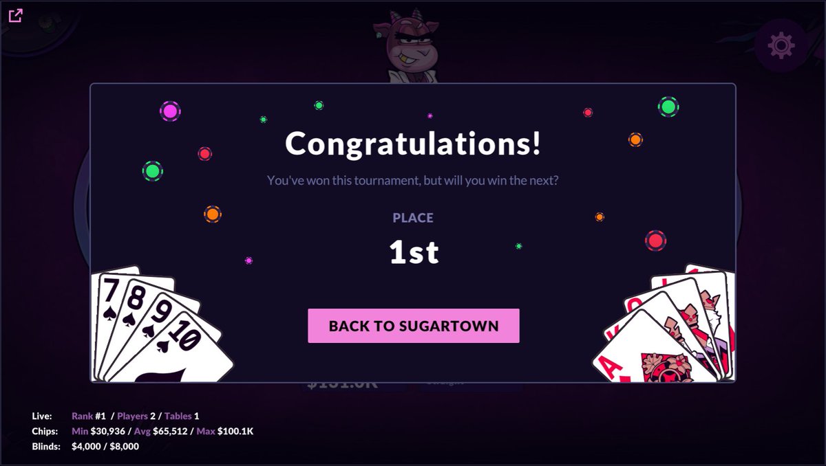 Just locked up the <a href="/visitsugartown/">Sugartown</a>  Community Championship title and earned my seat to the Main Event. 

Big thanks to everyone at the tables for the battle. 

Looking forward to the Main Event!! 🏆🃏