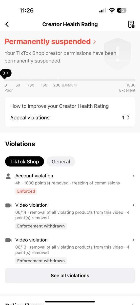 Hi guys! Does anyone have any TikTok reps that can help me get one of my accounts back? This is one of my big accounts that cleared over $200k. Wasn’t actively posting on this account so it was at default and randomly received a 1000 point violation this morning. Appealed but got